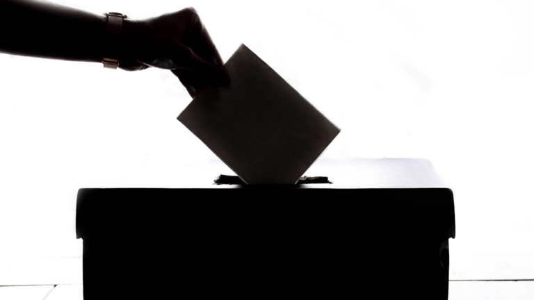 Une main dépose un bulletin de vote dans une boîte de scrutin.
