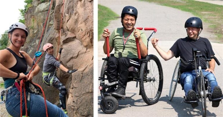 Des personnes pratiquent l'escalade adaptée et le vélo adapté.